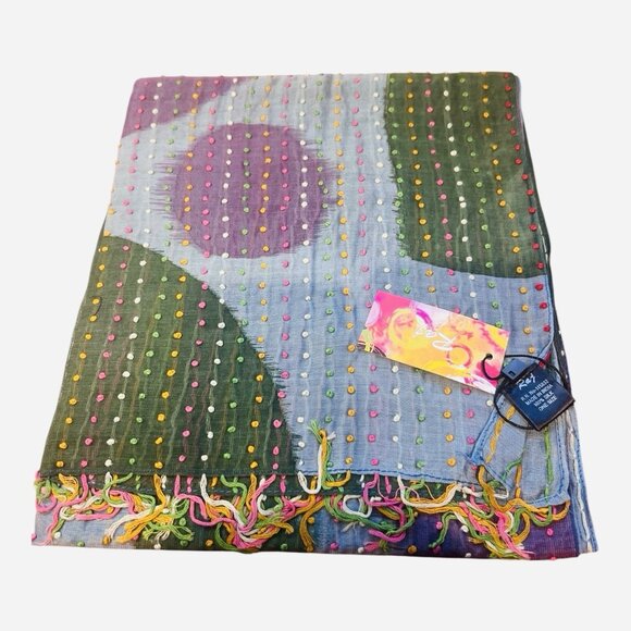 Raj Anthropologie 100% Silk Scarf Blue Multicolor Fringe Made In India 70”x21” - Picture 1 of 5